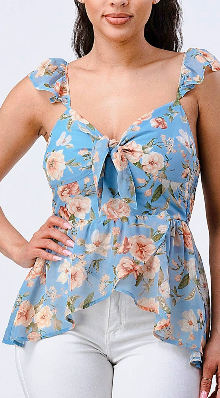 Sonia Floral Knot Sweetheart Ruffled Top