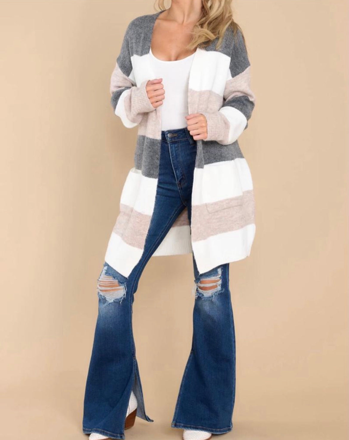 Hazel Stripped Open Long Cardigan