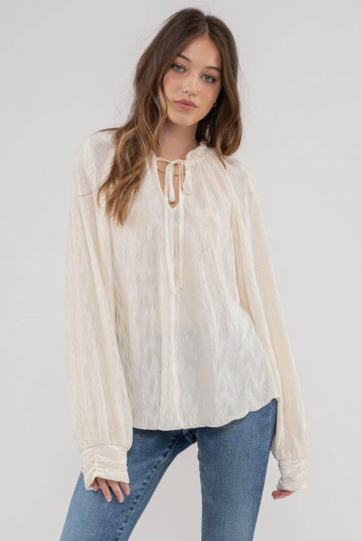 Nora Ruffle Neck Tie Sleeve Top