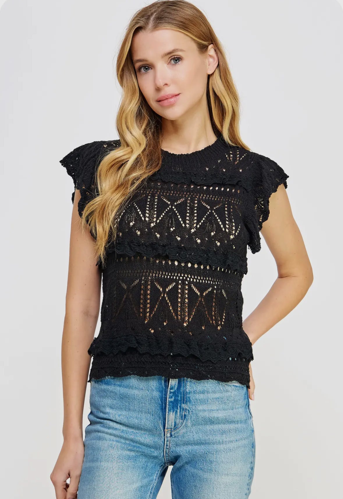 Camila Crochet Illusion Ruffle Knit Top