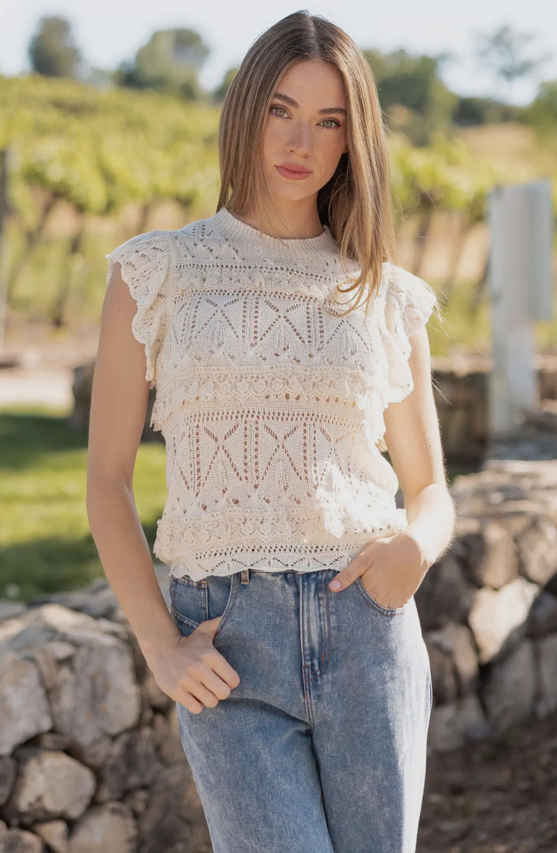 Camila Crochet Illusion Ruffle Knit Top