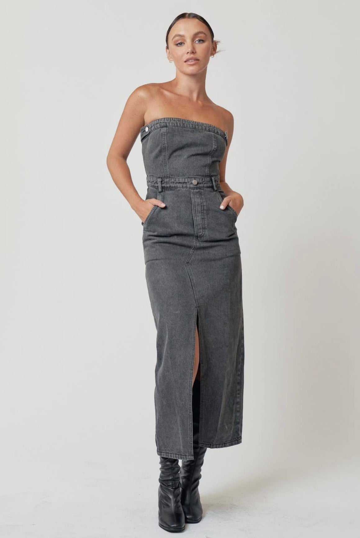 Adalyn Tube Denim Slit Midi Dress