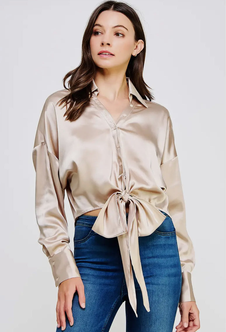 Alissa Button Down Tie Satin Shirt