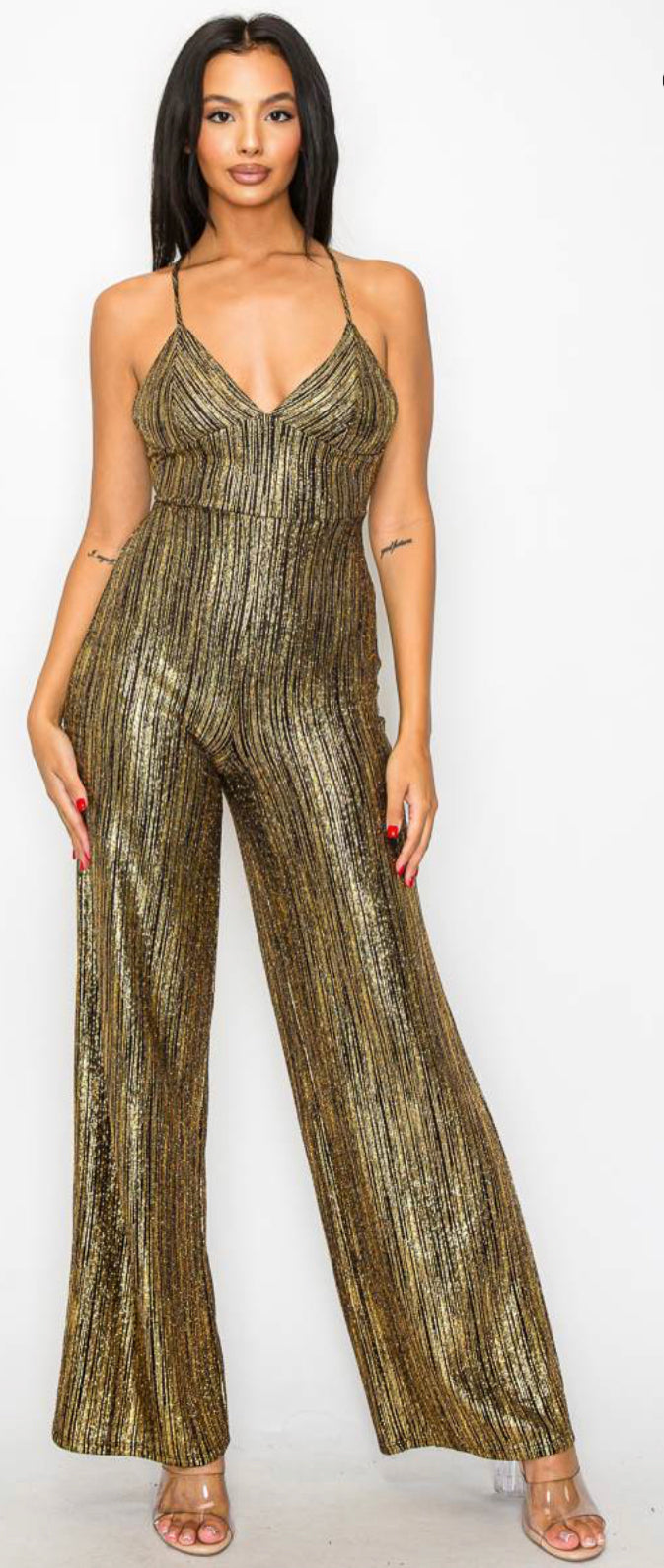 Bethany GLAM STRIPED GLITTER SWEETHEART DRAWSTRING BACK WIDE LEGS JUMPSUIT