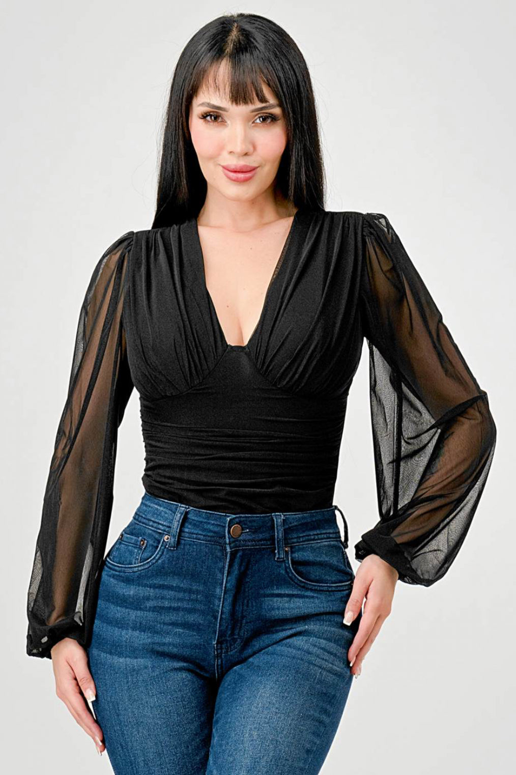 Clemence Mesh V Neck Sheer Bodysuit