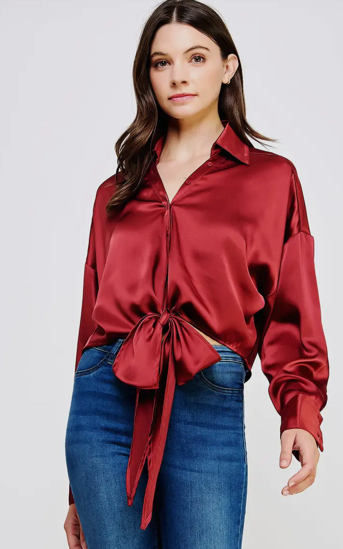 Alissa Button Down Tie Satin Shirt