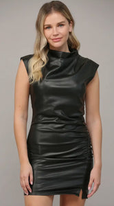 Aubrey Ruched Crowl Neck Leather Dress