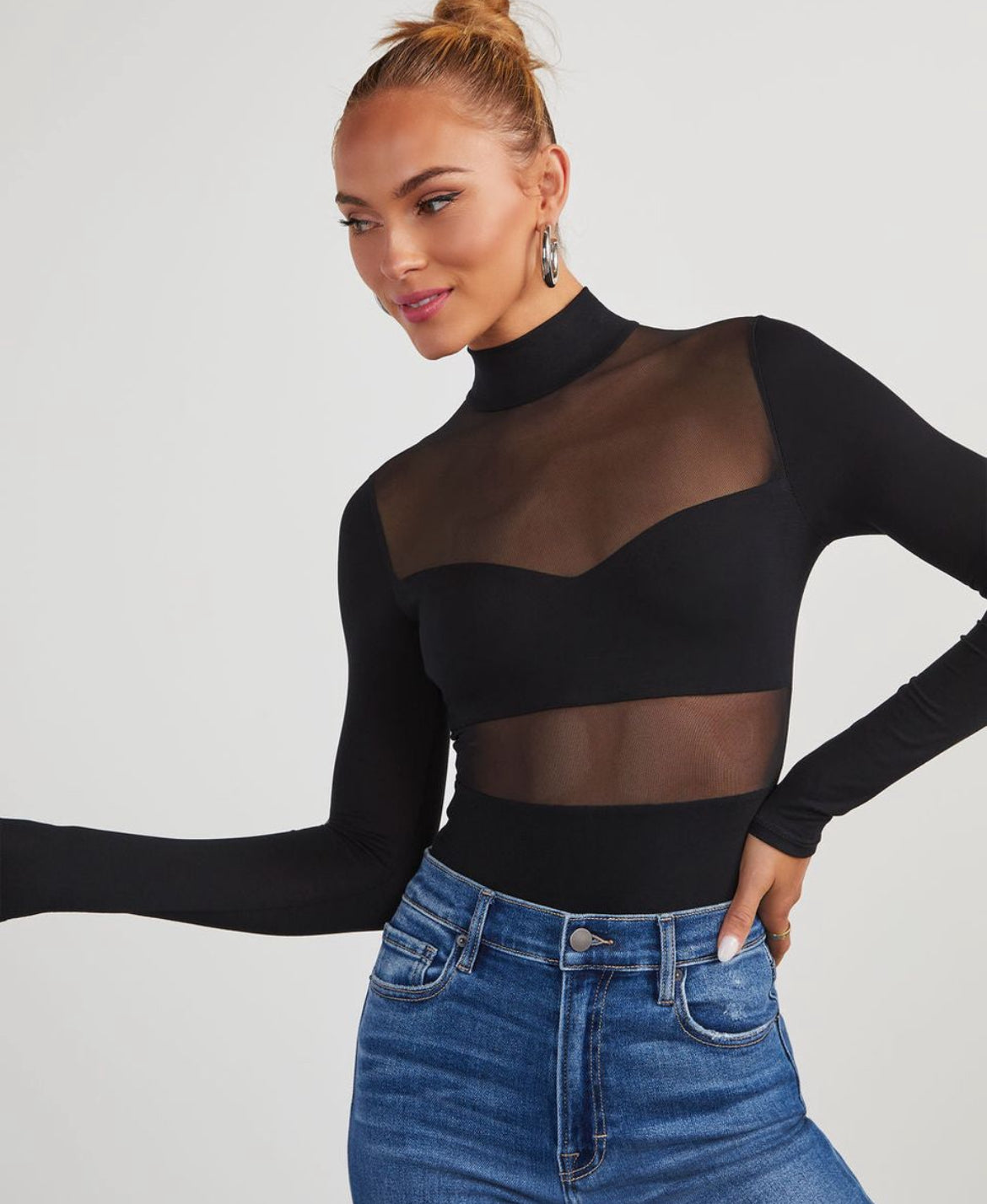 Carol Mock Neck Mesh Cutout Long Sleeve Bodysuit