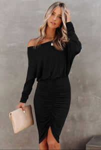 Angie Crewneck Long Sleeve Shirred Split Bodycon Dress