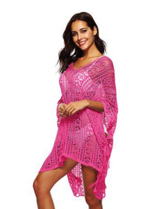 Rosy Sexy Crochet Flowers V-Neck Beach Cover-up