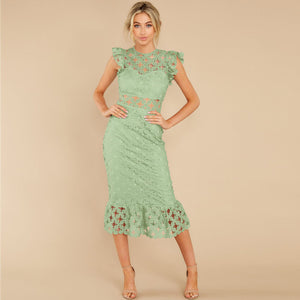 Jacqueline Elegant Lace Solid Color Sleeveless Ruffled Hollow Out Dress